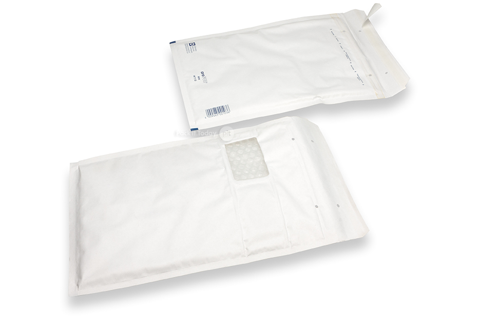 Envelopes almofadados brancos com janela - 225 x 340 mm, janela à esquerda 55 x 90 mm, posição da janela 15 mm do esquerda e 70 mm do cima