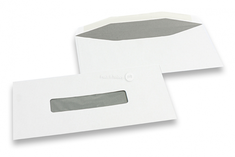 Envelopes com janela, branco, 109 x 224 mm, janela centrada 25 x 110 mm, posição da janela 53 mm do esquerda e 40 mm do baixo, com goma, 80 gramas, peso unit. aprox. 3 g.