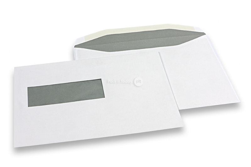 Envelopes com janela, branco, 162 x 229 mm (C5), janela à esquerda 40 x 110 mm, posição da janela 20 mm do esquerda e 72 mm do baixo, 90 gramas, fecho com goma, peso unit. aprox. 7 g.