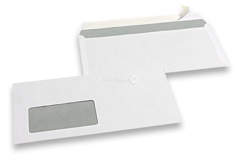 Envelopes com janela básicos, 110 x 220 mm, 80 g, janela à esquerda 45 x 90 mm, posição da janela 20 mm do esquerda e 15 mm do baixo, fecho autocolante