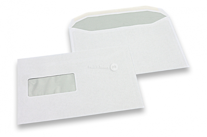 Envelopes com janela básicos, 162 x 229 mm, 90 g, janela à esquerda 45 x 110 mm, posição da janela 20 mm do esquerda e 60 mm do baixo, fecho com goma