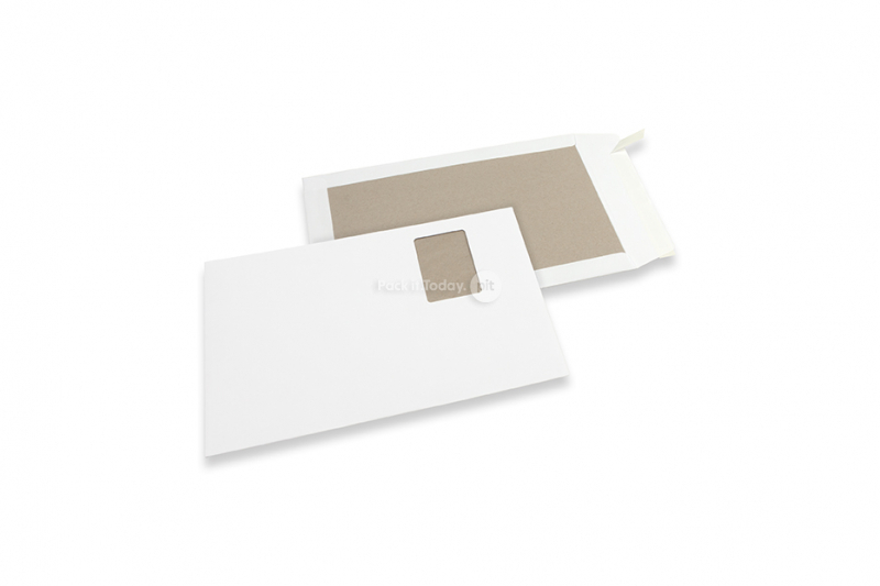 Envelopes em cartão rígido - 229 x 324 mm janela esquerda 55 x 90 mm, 20 mm do esquerda e 57 mm do cima, frente kraft branca 120 gr, reverso duplex 450 gr cinzento, autocolante