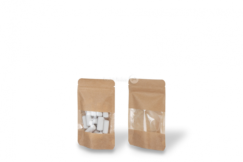 Saco com base e janela - castanho, 85 x 145 x 50 mm, 100 ml