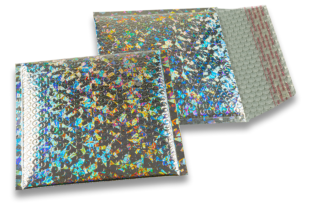 Envelopes de bolhas de plástico metalizado ECO - prateado holográfico 165 x 165 mm