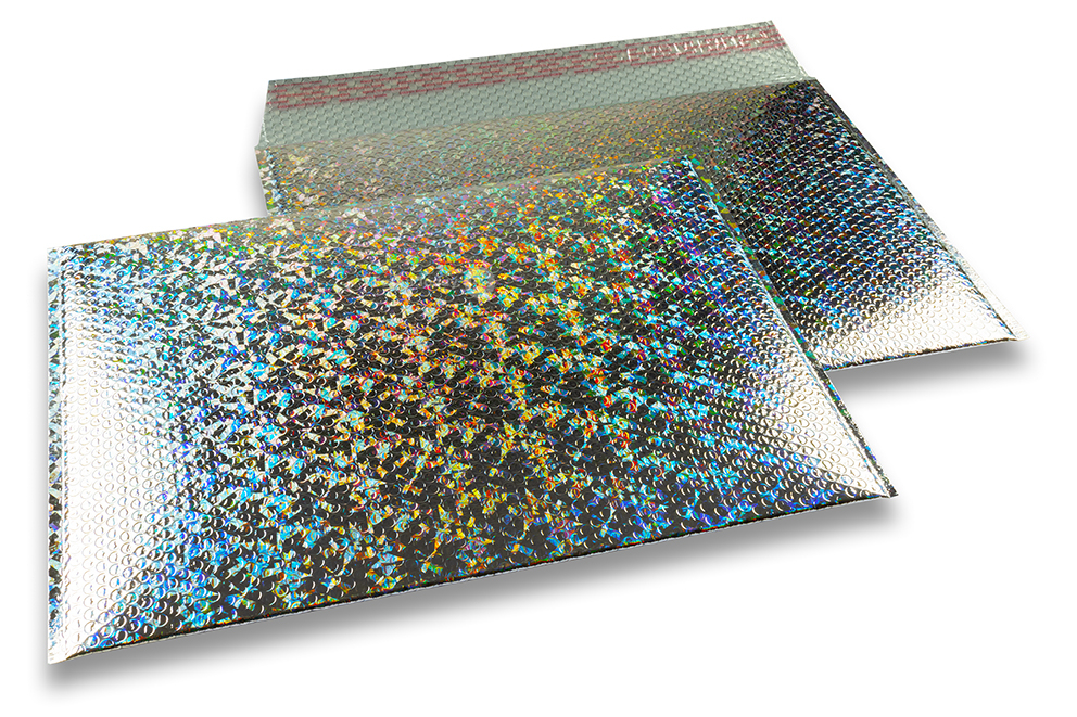Envelopes de bolhas de plástico metalizado ECO - prateado holográfico 320 x 425 mm