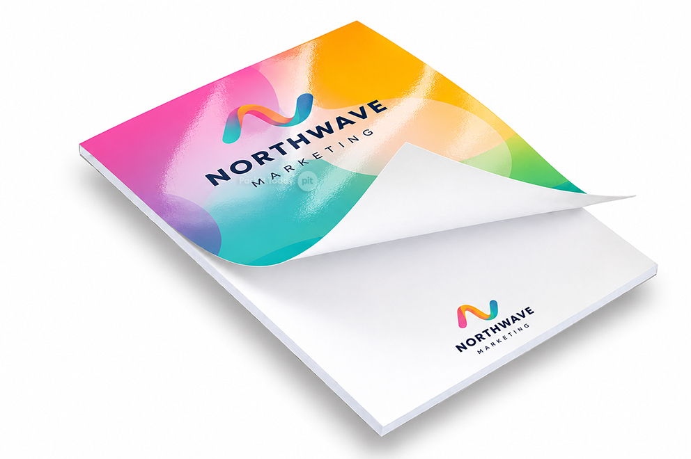 Blocos de notas impressos - 148 x 210 mm, capa com laminado brilhante