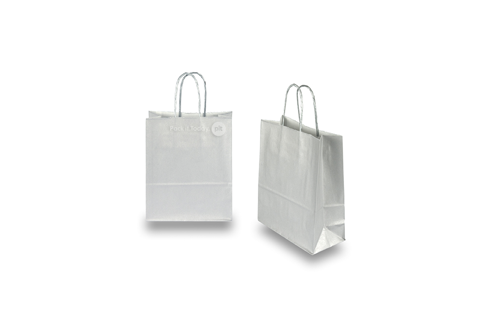 Sacos de papel com alças torcidas - prateado, 180 x 80 x 220 mm, 90 gr