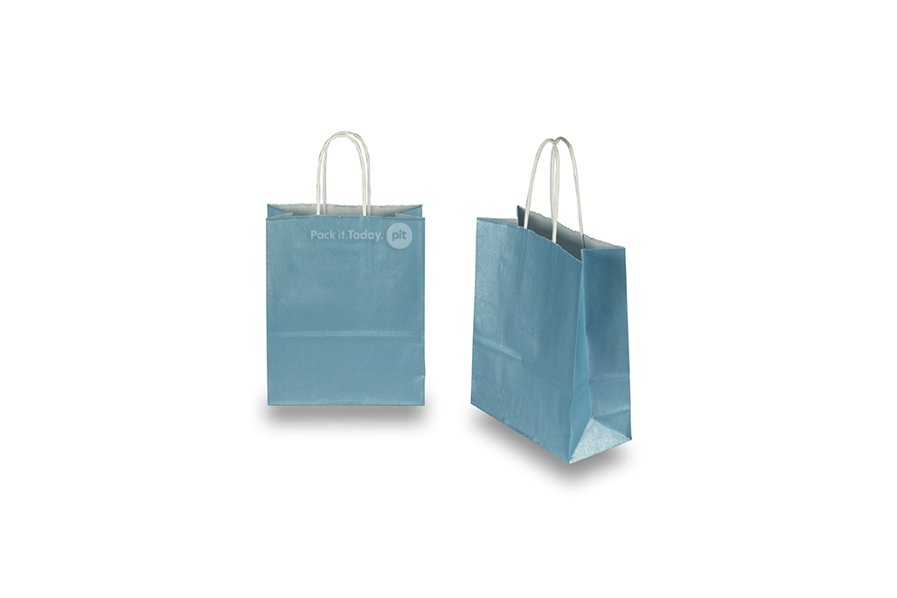 Sacos de papel com alças torcidas - azul metalizado, 180 x 80 x 220 mm, 90 gr