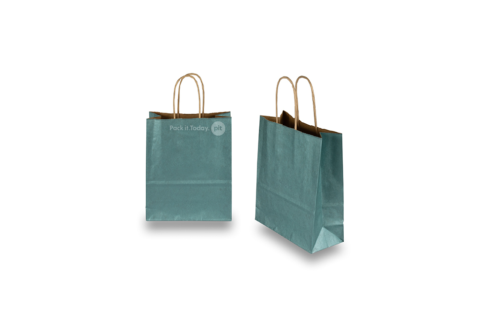 Sacos de papel com alças torcidas - azul petróleo metalizado, 180 x 80 x 220 mm, 90 gr