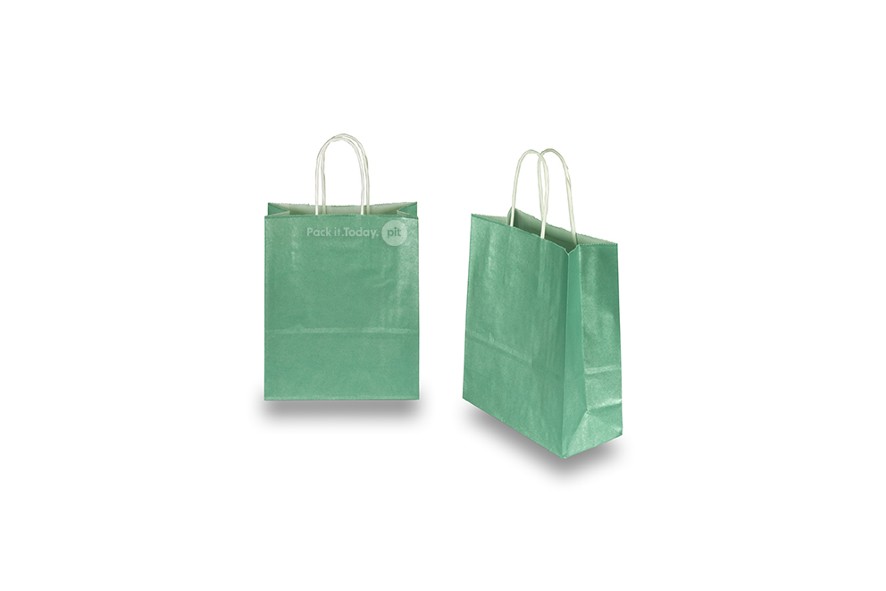 Sacos de papel com alças torcidas - verde metalizado, 180 x 80 x 220 mm, 90 gr