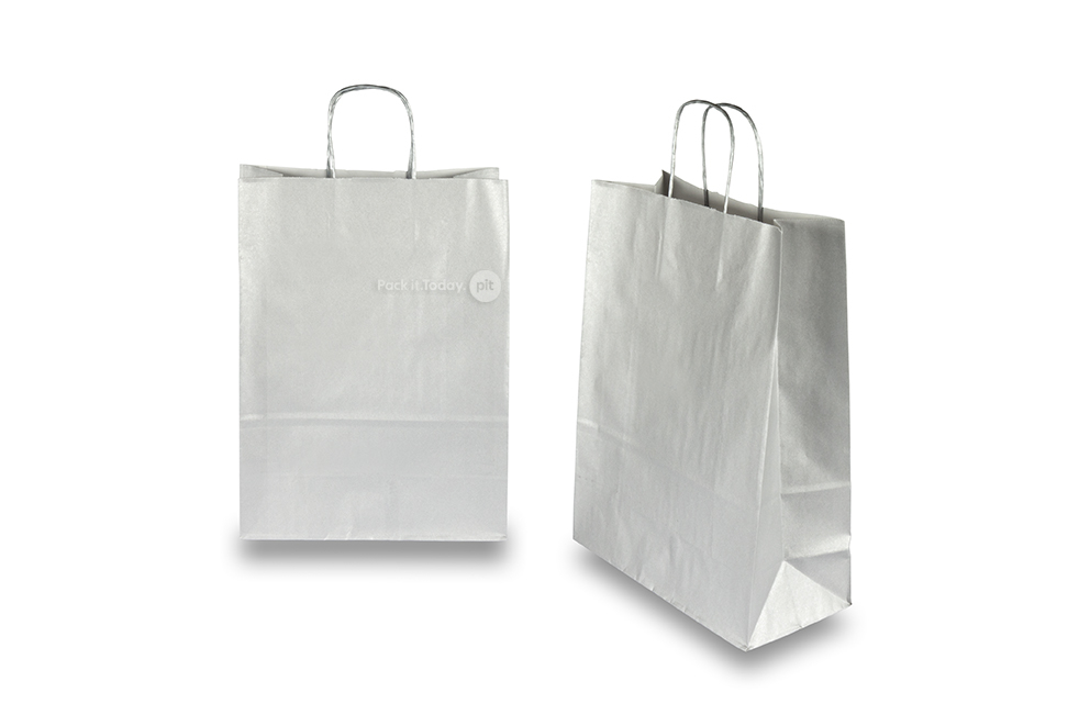 Sacos de papel com alças torcidas - prateado, 260 x 120 x 350 mm, 90 gr