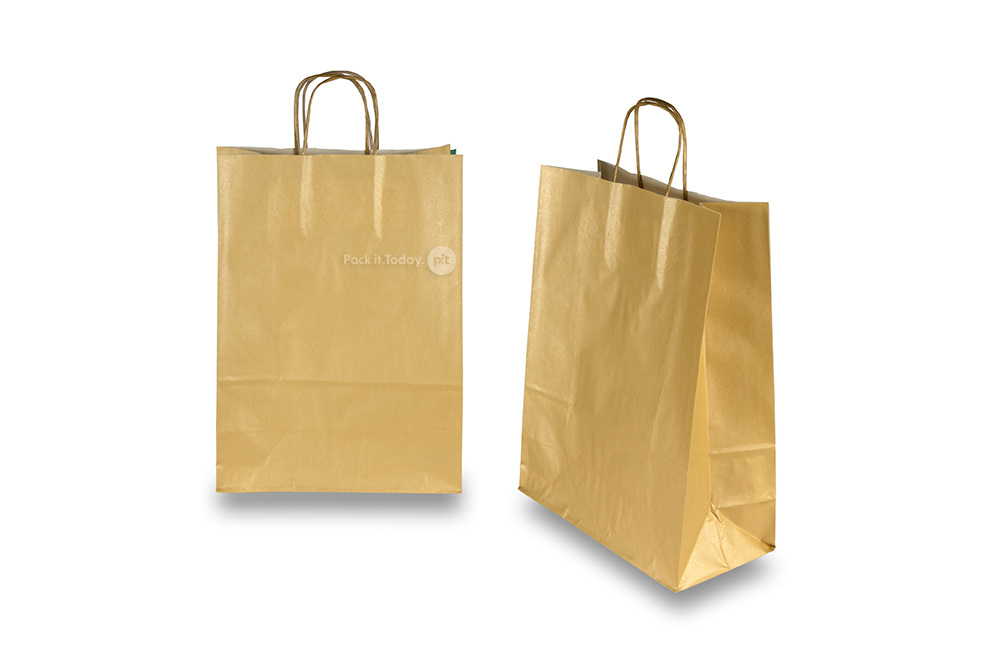 Sacos de papel com alças torcidas - dourado, 260 x 120 x 350 mm, 90 gr