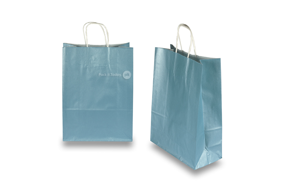 Sacos de papel com alças torcidas - azul metalizado, 260 x 120 x 350 mm, 90 gr
