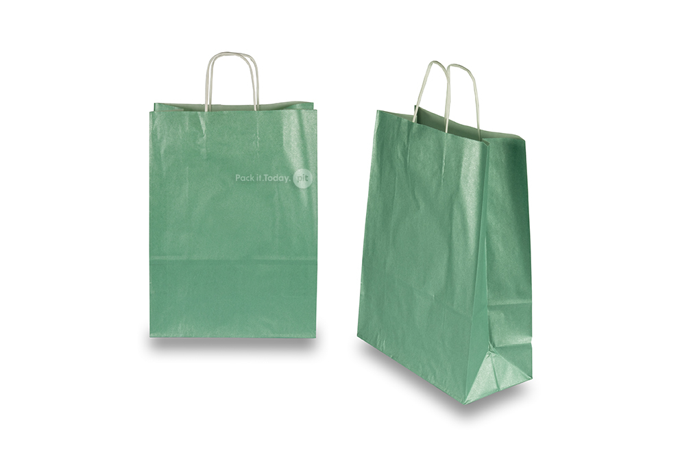 Sacos de papel com alças torcidas - verde metalizado, 260 x 120 x 350 mm, 90 gr