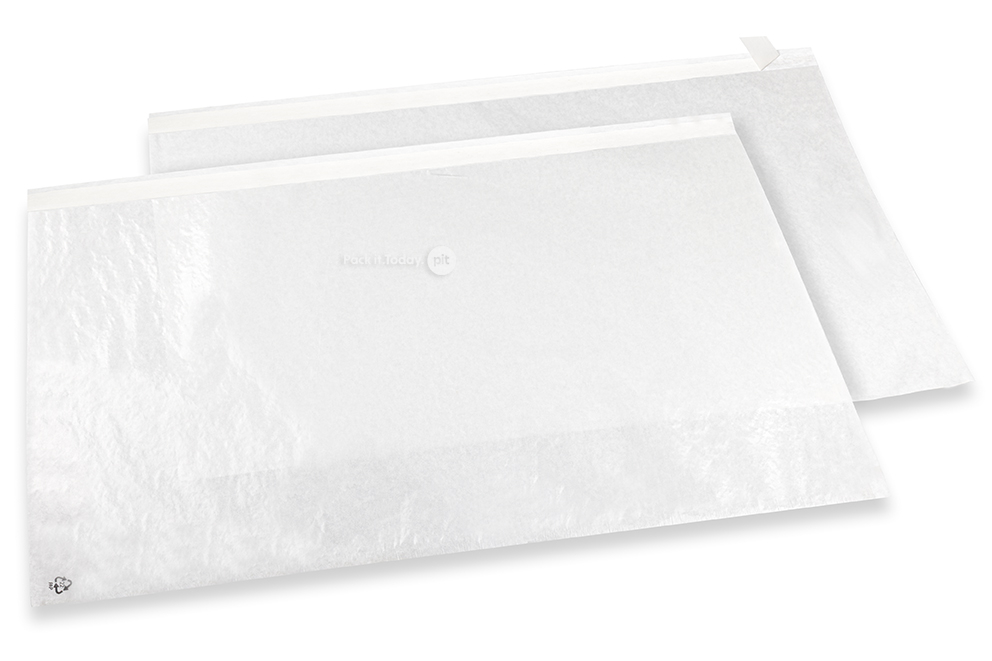 Sacos de glassine branco com fita adesiva - 550 x 500 mm, com a abertura no lado comprido