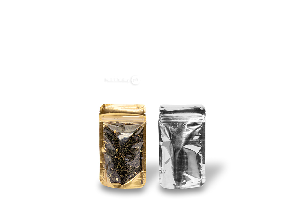 Sacos de fundo bloco metálicos transparentes - dourado metalizado, 85 x 145 x 50 mm - 100 ml