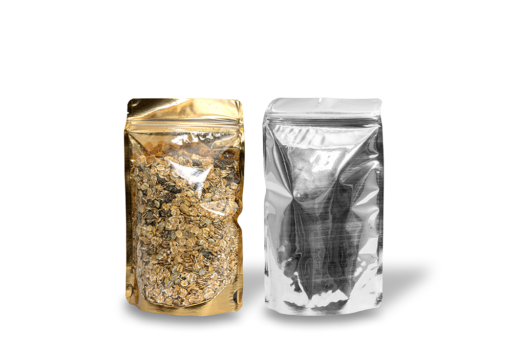 Sacos de fundo bloco metálicos transparentes - dourado metalizado, 130 x 225 x 70 mm - 500 ml